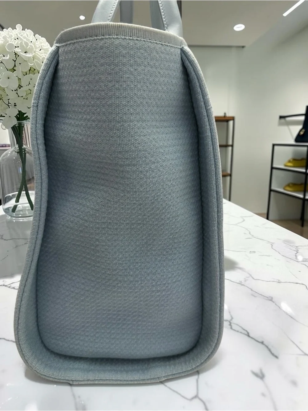 CHANEL Light Blue Canvas Tote with Chain-Strap Details